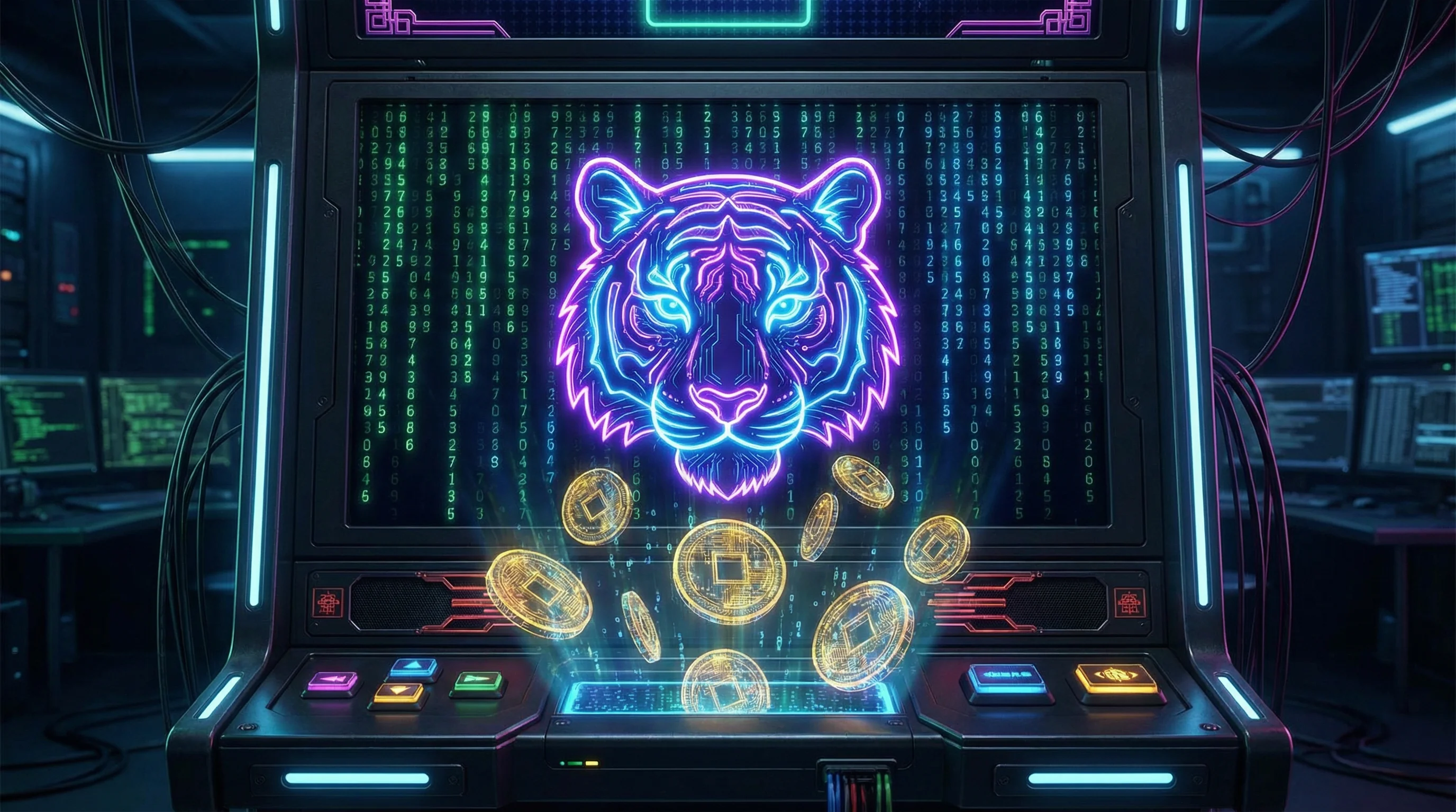 Jogo Fortune Tiger com tigre neon e moedas douradas no brlbet
